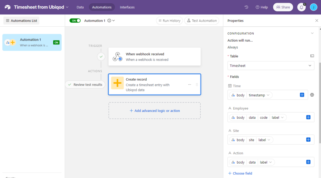 Webhook fields configuration